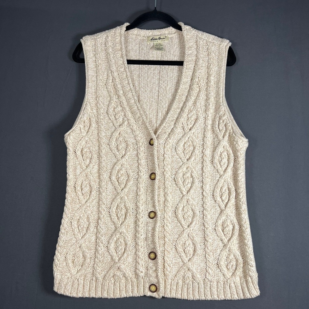 Eddie Bauer Cable Knit Sweater Vest Large Cream Cotton Button Front Grandpa Core - Picture 2 of 7